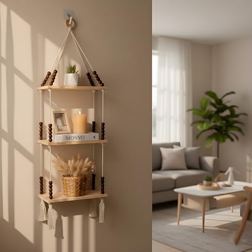 Image of 3-Tier Hanging Shelf with Wall Hook, Use Decor Plants, Books, Decorative Gift Items Nursery Livingroom Wooden Beads & Ring, Tassels Woven Bohemian