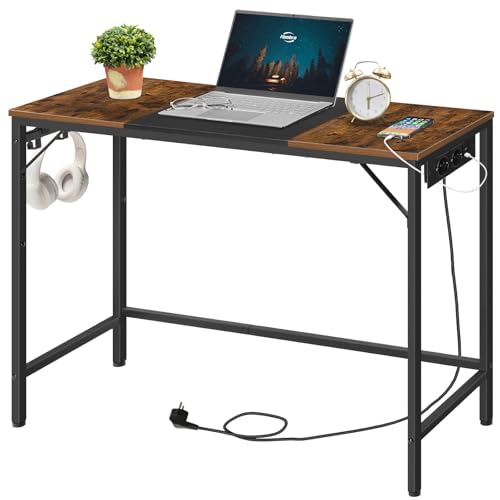 HOOBRO Escritorio, Mesa de Estudio con Regleta, Escritorio de Estilo Industrial con 3 Ganchos, Marco de Metal, para Oficina en Casa, Teletrabajo, Salón, Marrón Rústico y Negro EBF41CDN01