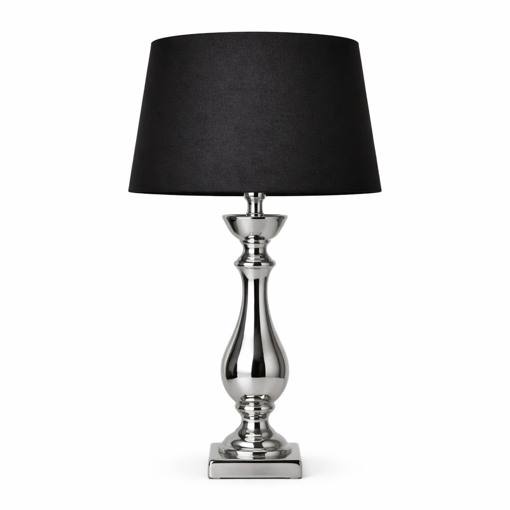 DRULINE Lovely Tischlampe 60 cm Tischleuchte Nachttischlampe mit Schwarzem Stoffschirm & Silbernem Keramikfuß mit Kabelschalter für Schlafzimmer, Wohnzimmer, Büro Dekolampe E27, Leselampe