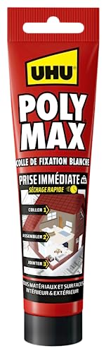 UHU Poly Max - Mastic-Colle Prise Immédiate Séchage Rapide - Pour Coller, Assembler, Jointer - Tous Matériaux ET Surfaces - Intérieur/Extérieur - Sans Solvants - Blanc - Tube 165 g
