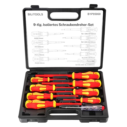 BILITOOLS Schraubendreher Set Elektriker Werkzeug VDE 1000V 9tlg. Schraubenzieher mit Spannungsprüfer magnetisch Schlitz Phillips Pozidriv isoliertes