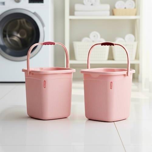 Image of MODWARE 5L Square Bathroom Bucket, Polypropylene, Brown, Space-Saving Design, Anti-Slip Handle, Pack of 2 (Pink)