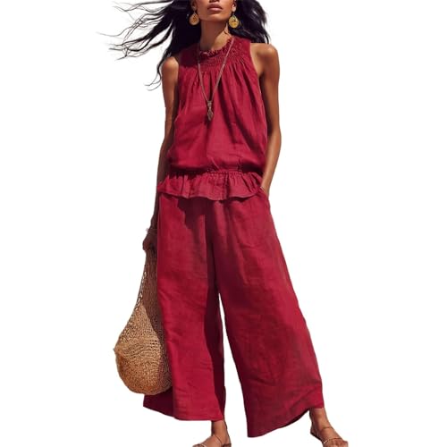 Ropa de lino bohemio premium con top de volantes elegante y acabados de alta costura