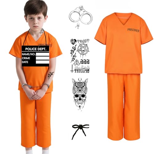 Disfraz de prisionero infantil naranja, camisa y pantalón miniatura 1