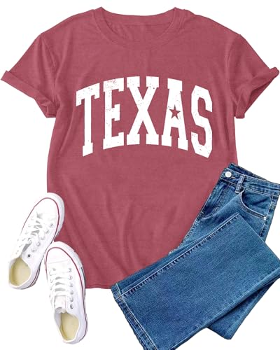 VERYNEAT Texas Shirts for Women Vintage Texas Star Letter Print T-Shirt Casual Texans Pride Tee Tops Pink