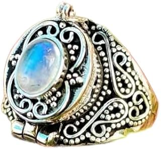 Natural Rainbow Moonstone Ring, Poison Box Ring, Oval ~ Gemstone Ring, Moonstone Jewelry, June Birthstone Ring, Openable Poison Ring, Vintage Box Ring, Poison Ring, Healing Ring, Locket Ring, Blue Flash Ring, Handmade Gemstone Jewelry, 925 Sterling Silver Plated