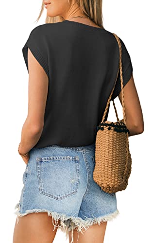 Image of Langwyqu Womens Cap Sleeve Tops Summer Crew Neck Shirt Lightweight Crochet Knit Sweater