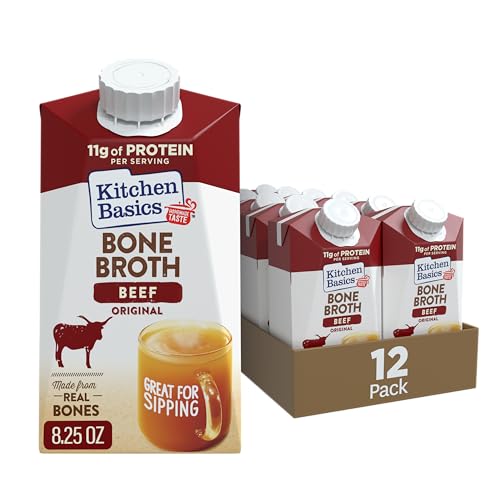 Kitchen Basics Beef Bone Broth, 8.25 oz Carton (Pack of 12) A Delicious Boost of Flavor to soups and gravy, Great for Sipping and a Source of Protein