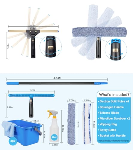 Image of Professional Window Cleaning Kit with 50 inch Extension Pole, 8-in-1 Window Scrubber Squeegee Set, 14 inch Flexible Head, 3 Gallon Storage Bucket, Spray Bottle Microfiber Cloths for High Indoor /Outdoor Glass