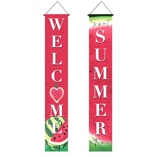 Image of BlissYard 2pcs Welcome Summer Door Banner Watermelon Porch Banner Sign Sweet Fruit Time Front Door Hanging Decor Banners for Summer Home Hawaii Tropical Party Outdoor Decorations