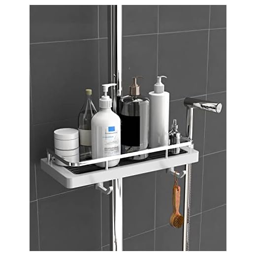 GOOPOOL Mensola Doccia Senza Foratura Portasapone Doccia, Supporto per Accessori da Bagno con 2 Ganci e Supporto per Doccia, Adatto per Aste da Doccia 20mm-25mm Bianco