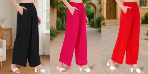 Image of Buy That Trendz Palazzo Pants for Women Rayon Elasticated Regular Fit Flared Wide Leg M to 6XL Pack of 3