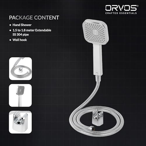 Image of Orvos Hand Shower Single Mode - Matrix, Square 4x4 inches, Chrome Plated With High Grade Korean ABS material from LG, Light Grey and Chrome Color,1.5 to 1.8 Meter Extendable Shower Hose and Wall Hook
