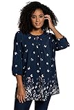 Rundhalsausschnitt Ulla Popken Damen große Größen Übergrößen Plus Size Tunika, Schmetterlings-Bordüre, Biesen, 3/4-Arm Marine 46+ 781395130-46+