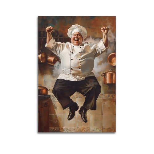 Poster rétro Happy Laughing Cook toile bistrot 60x90cm sans cadre pour salon