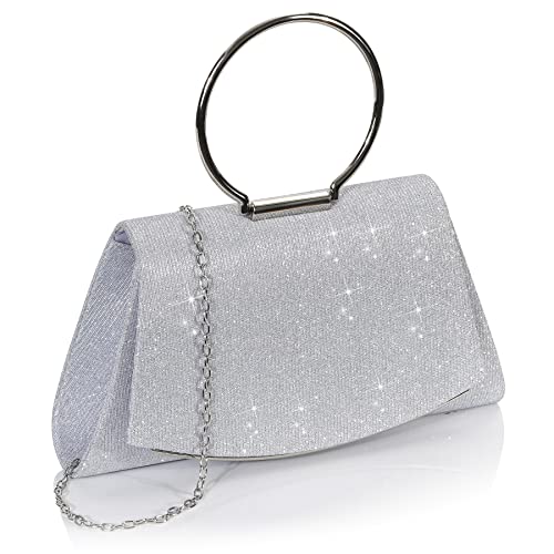 WPAJIRZO Damen Clutch Abendtaschen mit Ring als Trageriemen Handtasche Damen Glitter Clutch mit Kette für Hochzeit Party Sparkly Silber Evening Bridal Prom Party Handtasche Geldbörse Cover