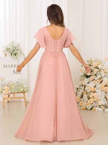 Women's Short Sleeves Bridesmaid Dresses 2025 Hi-Low Ruffled Chiffon Formal Evening Dress DE4572