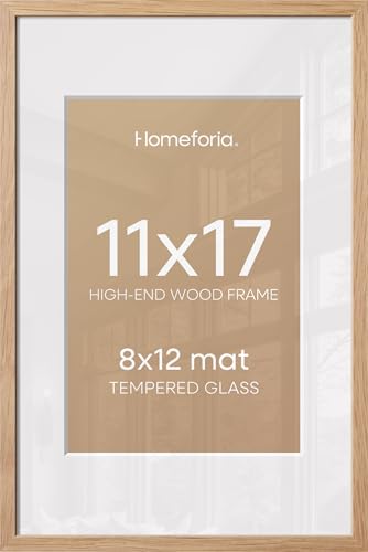 Image of Homeforia 11x17 Wood Frame, High End Natural Oak 11x17 Light Wooden Picture Frame with Mat 8x12, 11 x 17 Poster Frames Matted to 8 by 12 Photo, 17x11 Hanging Frames, Tempered Glass, Wall Kit, Set of 1