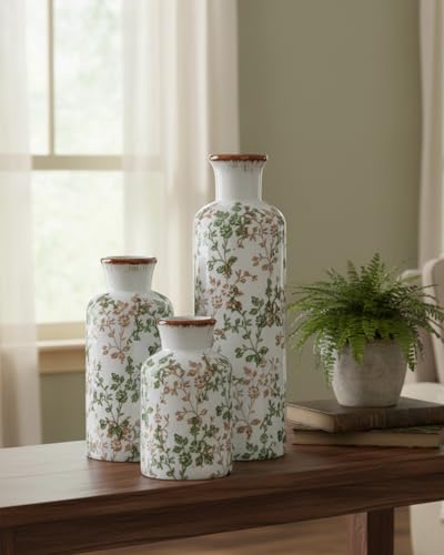 Ceramic Vase Set of 3, Vintage Ceramic Flower Vases, Crackle-Glaze & Distressed Rim, Brown & Green Botanical Pattern, for Home Decor, Living Room Mantel & Dining Table Centerpiece