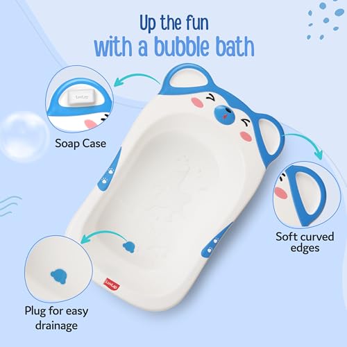 Image of LuvLap Bubble Baby Bathtub (White & Blue) & Anti Slip Baby Plastic Bath Chair (Blue) for 6 Month - 3 Years, Bathtub with Drain Plug, Baby Bath Seat /Sling with Non Slip Suction Base