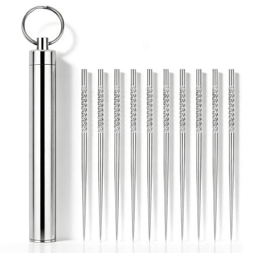 LUSTRIB 10 Pcs Reusable Metal Toothpick with Waterproof Case Portable Stainless Steel Travel Toothpicks Keychain Holder for Camping Hiking Outdoor