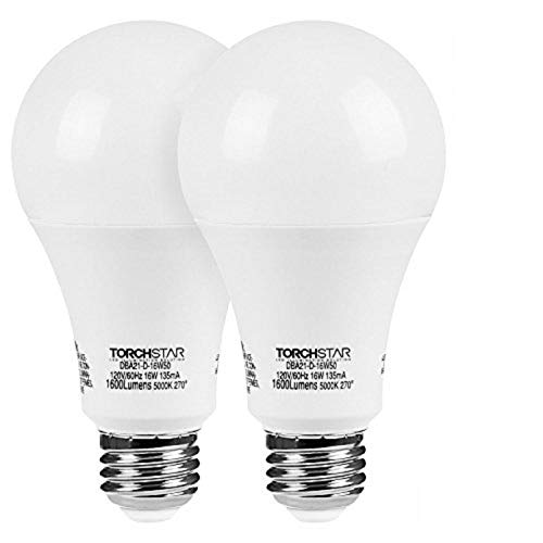 TORCHSTAR LED Dimmable 100W Equivalent A21 Bulb, Energy Star, UL-Listed, E26 Medium Base, 1600lm, 5000K Daylight, Omni-Directional LED Light Bulb for General Lighting, Pack of 2