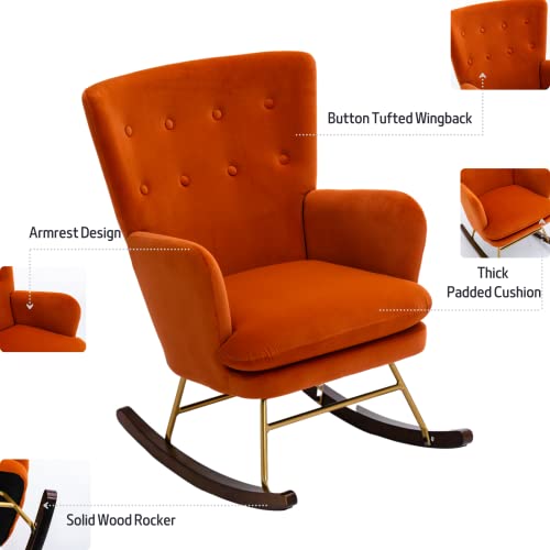 Heah-Yo Comfy Nursery Rocking Chair, Modern Glider Rocker Chair With Armrest, Upholstered Relax Velvet Lounge Chair With Thick Cushion For Living Room, Oragne #TOP3