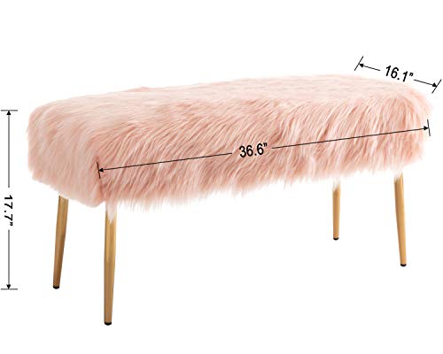 Kmax Fur Entryway Bench, Pink Shaggy Furry Cute Makeup Bench Seat for Girls, Modern Long Bench with Gold Metal Legs for Bedroom Living Vanity Room