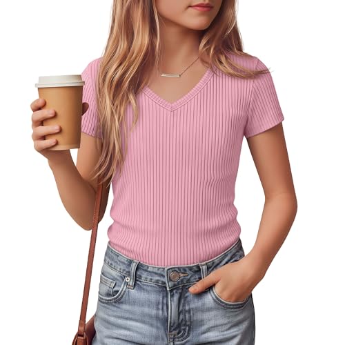 LessonZoo Girls Shirts Short Sleeve V Neck Ribbed Slim Fit Kids Tops Comfy Cute Summer Teen Girl Basic Tees(Light Pink 11-12 Years)