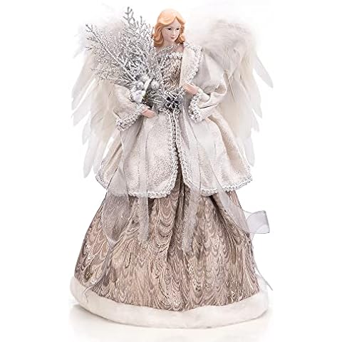 SANNO 39,9 cm Engels-Weihnachtsbaumspitze Engelsfiguren mit weißen Perlenflügeln Engelsfigur Baumspitze Ornament für Party Cover
