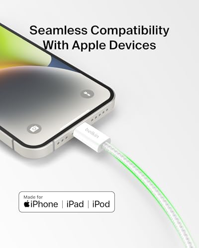 Image of Belkin Braided USB-C Cable w /Lightning Connector (6.6ft) - Soft, Flexible Fast-Charging Cable, Lightning Charger Cord for iPhone 14 & Earlier Series, iPad 9th Gen, & AirPods - White (USB 2.0)