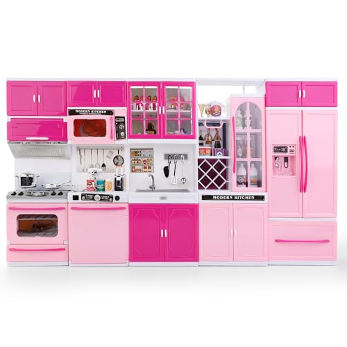 Doll Kitchen Playset for Kids, My Modern Mini Kitchen House Furniture Pretend Play Toy Accessories Set with Realistic Lights & Sounds for Toddlers, Girls (5-in-1 Kitchen Set)
