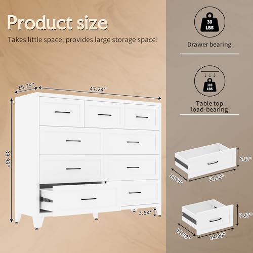 Image of Dresser for Bedroom, Chest of Drawers, 9 Drawers Metal Dresser with Anti-Tipping Device, White Dresser for Living Room, Entryway, Hallway