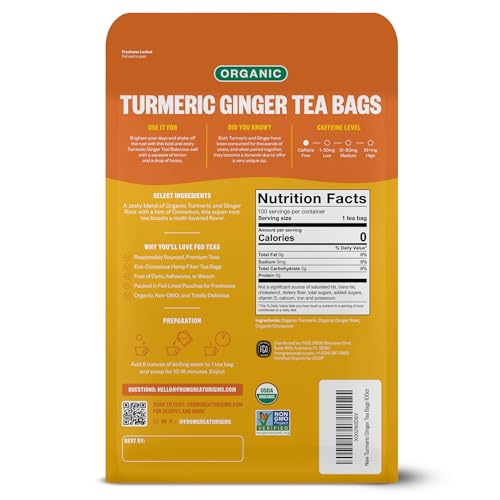 Image of FGO Organic Turmeric Ginger Tea, Eco-Conscious Tea Bags, 100 Count, Packaging May Vary (Pack of 1)