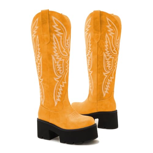 Image of Uillnoodu Wide Calf Cowboy Boots Women Adjustable Lace Up Knee High Tall Plus Size Cowgirl Boots Western Style Comfortable 2-Inch Heel