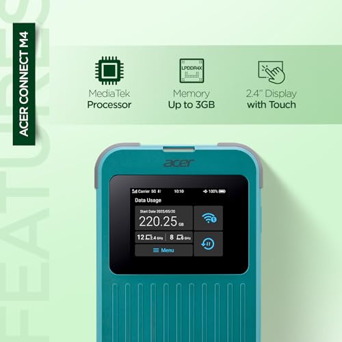 Image of Acer Connect M4 5G Mobile Hotspot | WiFi 6 Dual Band | Connect up to 16 Devices | Access Networks in 135+ Countries I 2.4 inch Touchscreen | 8000mAh Battery | Tri SIM | Rugged IP68 | USB-C Fast Charging