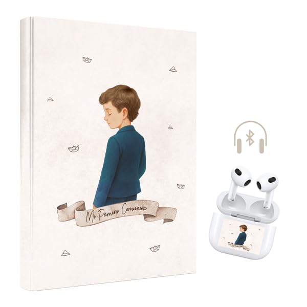 ARGUVAL Libro de Mi Primera Comunión Niño con Auriculares Bluetooth, Tapa Dura 29x24 cm, 44 Páginas a Color, Incluye 20 Páginas para Fotos, Cable de Carga, Caja de Regalo, Regalo comunión