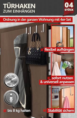 4smile Türhaken zum Einhängen, 4er Set aus Edelstahl - Kleiderhaken für Tür oder Schrank, flexible Haken zum Einhängen - Universelle Türgarderobe, robuste Türhakenleiste