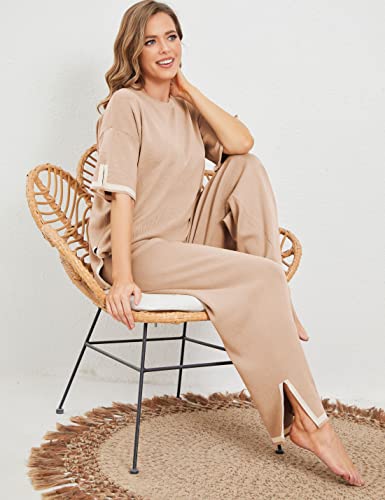 Image of Tanming Sweater Sets Women 2 Piece Lounge Sets Short Sleeve Knit Pullover Tops Wide Leg Pants