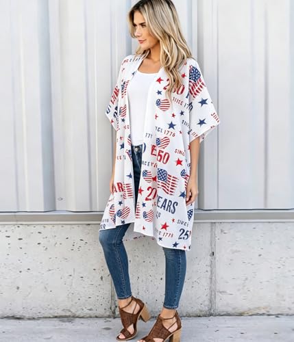 Image of Women's American Flag Kimono Cardigan 4th of July Cover Up Lightweight Patriotic Kimono Cover Up