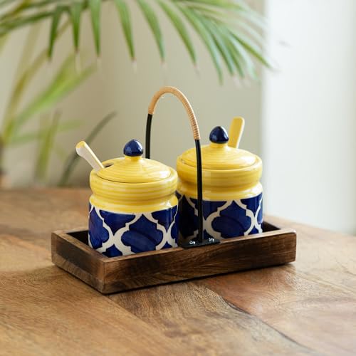 Image of ExclusiveLane 'Moroccan' Ceramic Pickle Jars For Dining Table With Spoon & Wooden Tray (Set of 2,280 ML) |Ceramic Jars For Kitchen Storage Pickle Holder Pickle Jars For Storage,Multicolor
