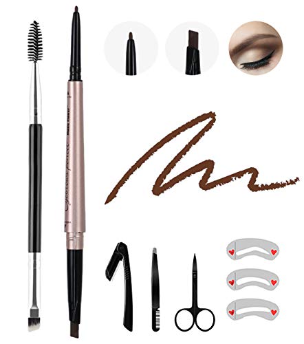 8 Pcs Waterproof Eyerow Pencil Dark Brown,Professional Brow Pencil Kit with Eyebrow Brush,Stencil Tweezer Razor