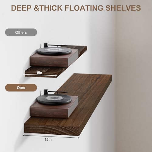 Image of 60 Inch Extra Long Floating Shelves, Set of 2 Deep Floating Shelves 12in Depth, Floating Shelves Long Heavy Duty Wood Shelves for Wall, Solid Wood Walnut Finish