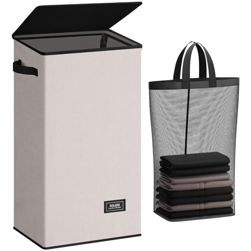 Image of SOLEDI Laundry Hamper with Lid 100L Large & Tall Collapsible Laundry Basket, Clothes Hamper with Bag Removable Easy to Carry, Dirty Hampers for Bedroom, Bathroom, Dorm, College,Light taupe