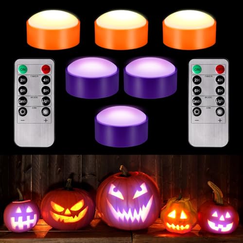 Image of Riakrum 6 Pieces Halloween Remote Timer LED Lights with Remote Summer Halloween LED Pumpkin Lights Battery Operated Lantern Bright Flameless Candle(Orange, Purple)