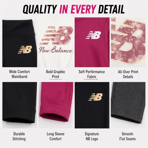 Image of New Balance Active Girls Legging Set - 4 Piece Athletic Short Sleeve Shirt, Long Sleeve Shirt & Activewear Girls Leggings Set