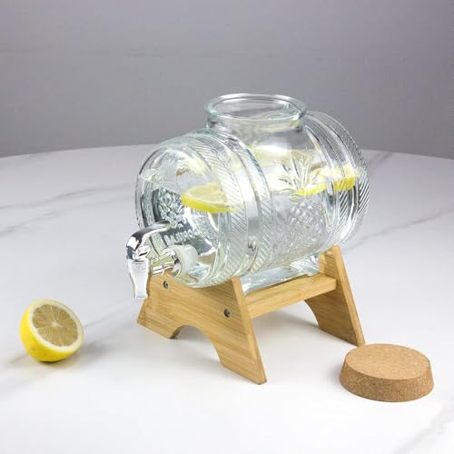 Image of 5 Liter Glass Beverage Dispenser with Spout & Tap, Lid & Wooden Stand Cold Ice Drink Dispensers for Water, Cocktails,Home & Restaurants, Party,Bar, Ideal for Gift Set of 1