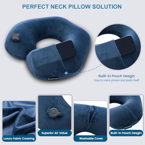 Image of Keemall Inflatable Neck Pillow - Comfortable Velvet U-Shape Travel Pillow for Airplane, Train & Car Journeys, Lightweight with Soft Washable Cover, Travel Essential