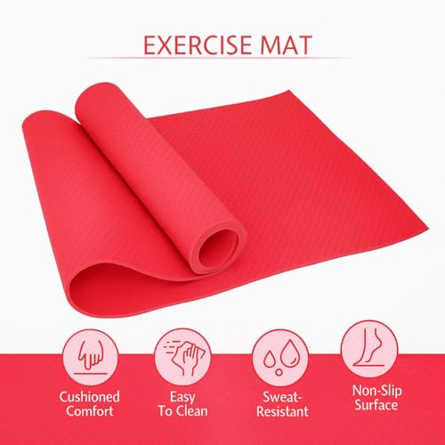 Image of Yoga Mat for Women and Men 4mm with Carry Strap EVA Material Extra Thick Exercise Mat for Workout Yoga Fitness Pilates and Meditation, Anti Tear Anti Slip For Home & Gym Use (Red)
