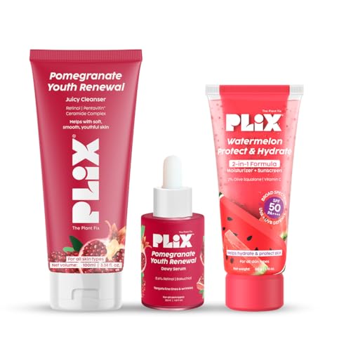 Image of PLIX- THE PLANT FIX Pomegranate Youth Renewal Juicy Face Wash Cleanser + Pomegranate Youth Renewal Dewy Serum + Watermelon Dual Sunscreen Moisturizer | Retinol | SPF 50 PA++++ | Youthful Glow